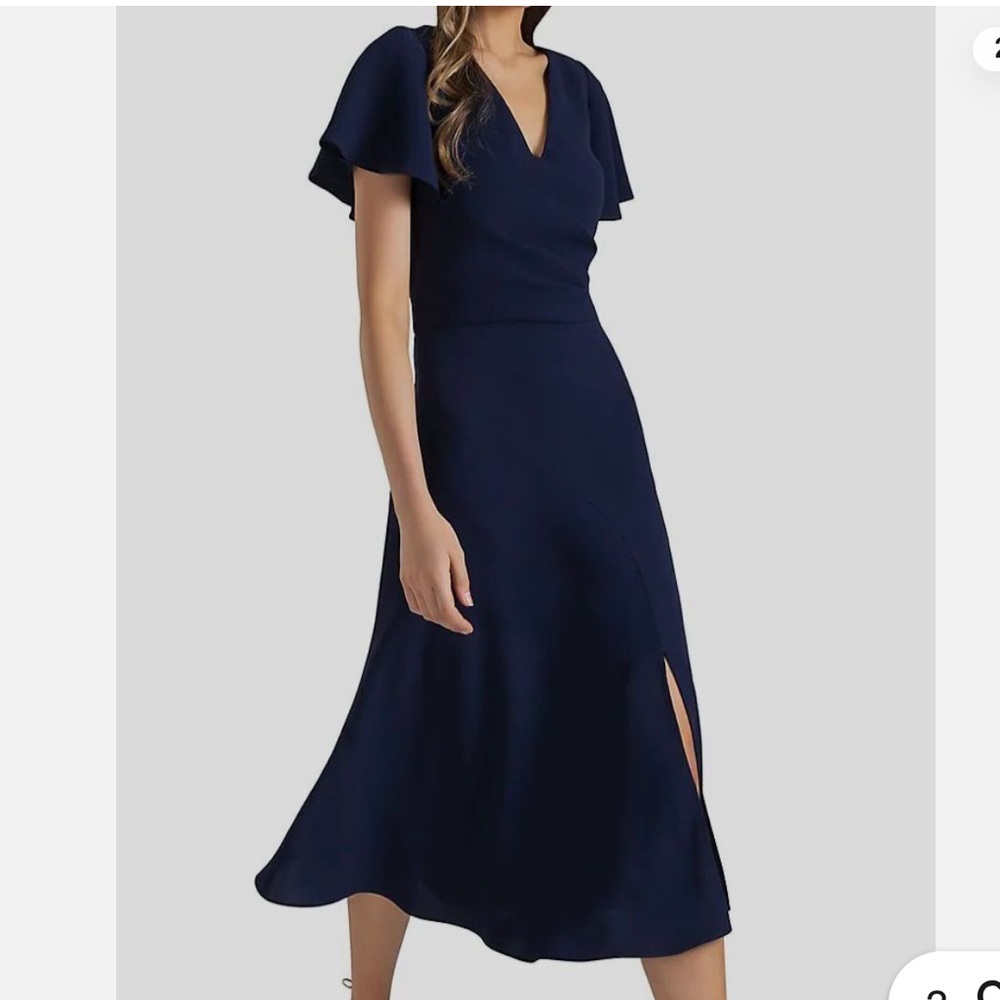 Shoshanna Navy Blue Ophelia V-Neck Stretch Crepe Bias Cut Flutter Sleeve Dress,8